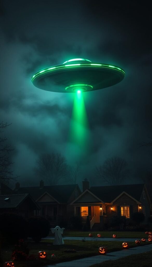 A spooky Halloween scene unfolds as a glowing unidentified flying object hovers ominously over a suburban neighborhood. The bright green beam of light emitting from the saucer-shaped craft illuminates the eerie darkness, casting an unearthly glow on the row of haunted houses below. In the foreground, jack-o'-lanterns and ghostly decorations litter the front yards, adding to the unsettling atmosphere. The night sky is thick with swirling mist, adding to the sense of mystery and foreboding. Dramatic side lighting accentuates the sharp edges of the UFO, lending it an ominous presence. This is a scene of extraterrestrial intervention amidst the familiar trappings of a cozy Halloween setting.