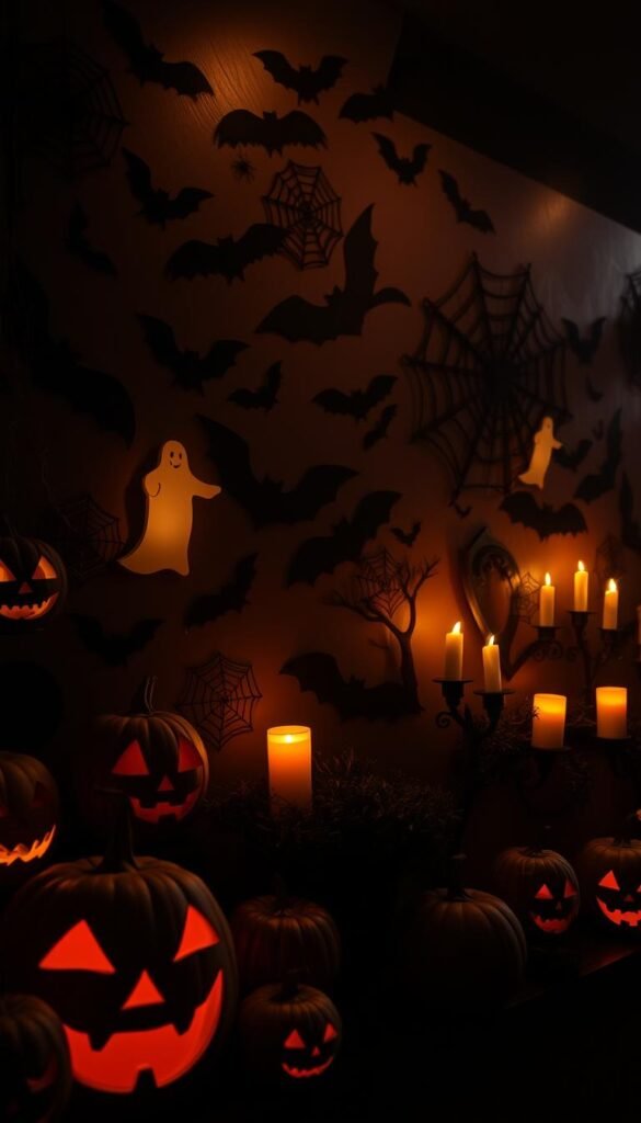 A spooky and enchanting wall display of handcrafted Halloween decorations. In the foreground, a collection of carved pumpkins, grinning jack-o'-lanterns, and eerie candles casting a warm, flickering glow. The middle ground features intricate paper bats, ghostly silhouettes, and delicate spider webs adorning the walls. In the background, a mysterious, dark atmosphere with swirling mists and ominous shadows, creating a sense of haunting ambiance. The lighting is moody and atmospheric, with dramatic shadows and highlights accentuating the depth and texture of the decorations. Captured with a wide-angle lens to showcase the full, immersive scene.