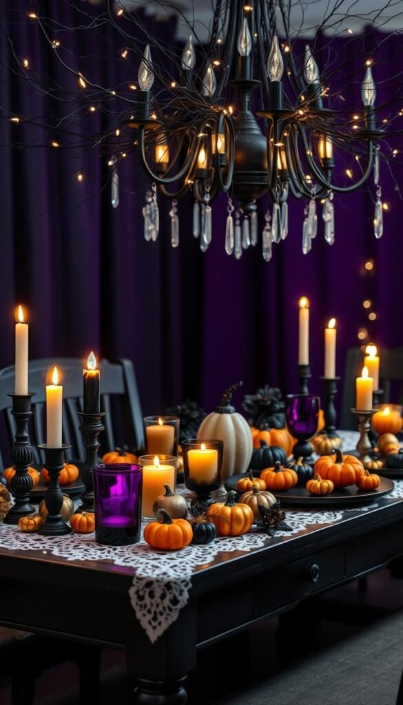 A spooky and whimsical Halloween table setting, featuring a dark wood table with a delicate lace tablecloth. In the foreground, an eclectic assortment of candles in black, orange, and purple glass holders cast a warm, flickering glow. Scattered across the table, a collection of miniature pumpkins, gourds, and mercury glass ornaments in shades of black, orange, and metallic. Hanging above, a stunning chandelier adorned with wispy black branches and twinkling fairy lights, creating an enchanting ambiance. In the background, a backdrop of deep purple and black, adding an air of mystery and drama. Captured with a wide-angle lens to showcase the full table setting, with soft, moody lighting and a shallow depth of field to draw the eye to the focal points.