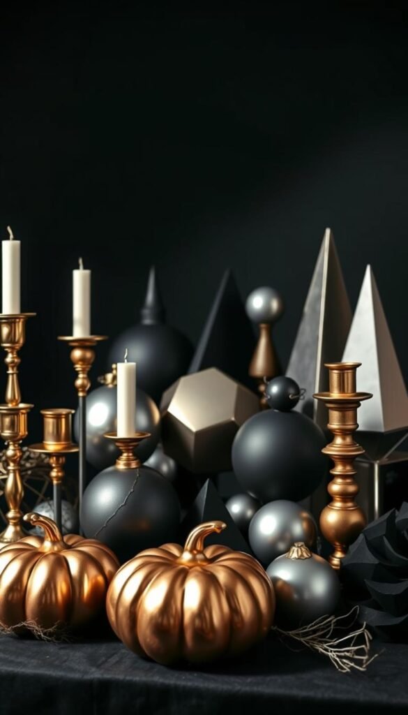 A still life arrangement of metallic Halloween decorations in a moody, atmospheric setting. The foreground features a copper-toned pumpkin and gold-accented candle holders. In the middle ground, a collection of matte black and shiny silver spheres, pyramids, and geometric shapes create a modern, minimalist display. The background is a shadowy, dramatic scene with dramatic lighting from the side, casting long shadows and highlighting the metallic textures. The overall mood is sophisticated, elegant, and slightly eerie, perfect for an upscale Halloween party.