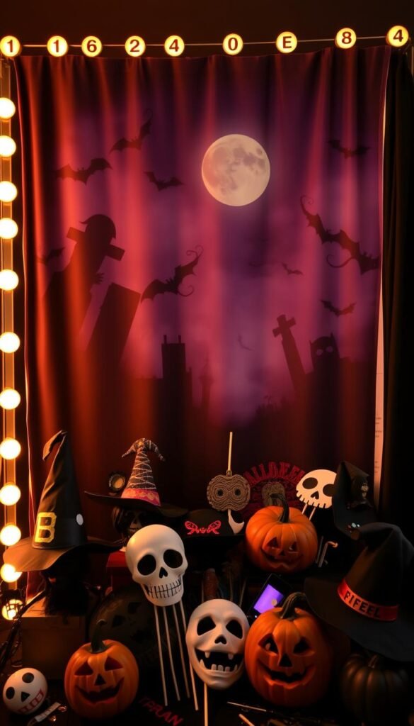 A vibrant DIY Halloween photo booth, with a spooky backdrop of haunting silhouettes, eerie mist, and a full moon casting an enchanting glow. In the foreground, an assortment of whimsical props - witches' hats, ghoulish masks, and carved pumpkins - invite guests to capture their Halloween spirit. A warm, soft lighting illuminates the scene, creating an inviting and playful atmosphere. The booth is set against a dark, moody wall, giving it a dramatic, stage-like feel, perfect for memorable snapshots. The overall composition evokes the spirit of the holiday, encouraging guests to let their creativity shine and create lasting memories.