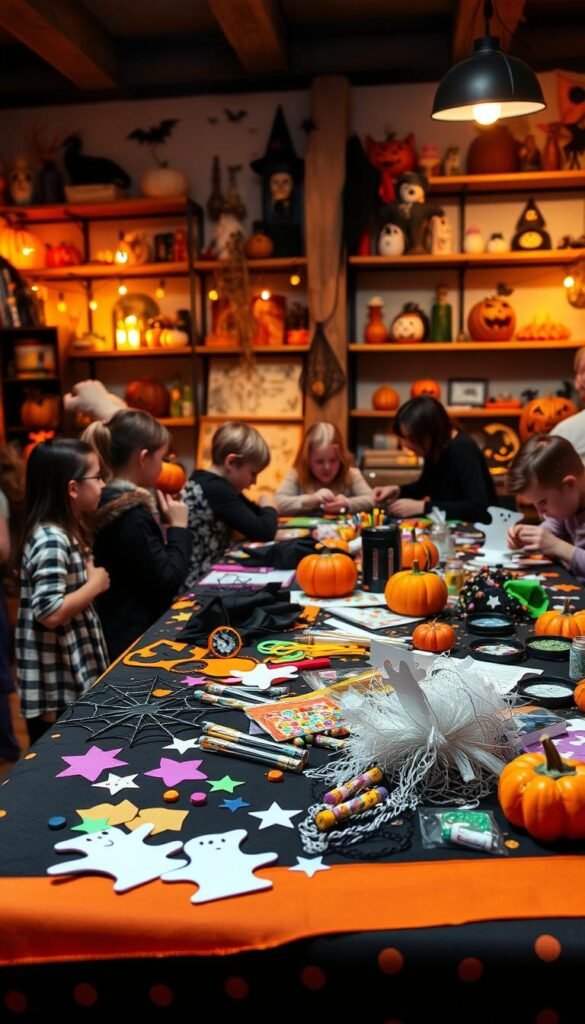 A vibrant Halloween craft station filled with an array of whimsical DIY projects. In the foreground, a table is covered with a festive black and orange tablecloth, showcasing an assortment of colorful craft supplies - paper bats, ghost-shaped stickers, glitter pumpkins, and spooky string lights. In the middle ground, a group of children and adults are engaged in creative expression, crafting personalized Halloween decorations. The background features a cozy, dimly lit room with shelves displaying an eclectic collection of Halloween-themed trinkets and decor. Warm, ambient lighting casts a soft, autumnal glow, setting the perfect mood for a festive Halloween crafting party.