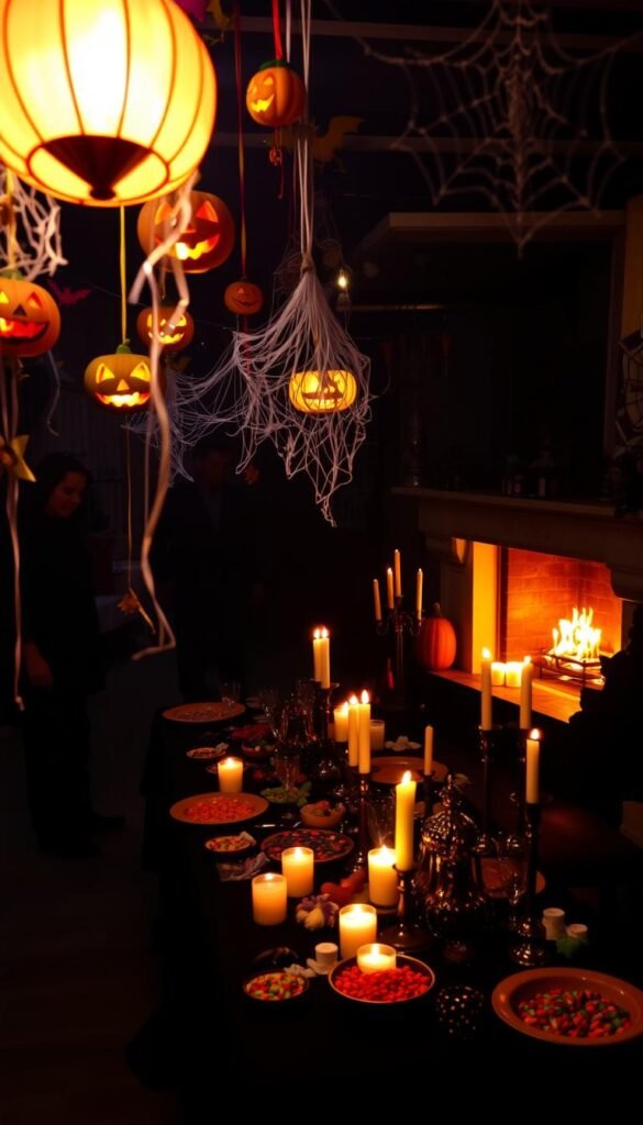 A vibrant Halloween party scene set in a cozy, dimly-lit room. In the foreground, an assortment of classic party decorations float in the air, including carved jack-o'-lanterns, dangling spider webs, and colorful paper bats. The middle ground features a long table draped with a black tablecloth, adorned with flickering candles, bowls of candy, and an array of spooky trinkets. In the background, a grand fireplace casts a warm, orange glow, while shadowy silhouettes of guests mingle amidst the festive atmosphere. The scene is bathed in a moody, atmospheric lighting that evokes the spirit of a timeless Halloween celebration.