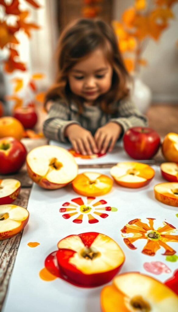 A vibrant and cheerful scene of an apple stamping art project, captured in a warm, natural lighting. In the foreground, an array of brightly colored apples, half-sliced to reveal their crisp, juicy interiors, sit atop a rustic wooden surface. The apples have been carefully arranged to create intricate patterns and shapes, with paint-dipped edges leaving vivid imprints on the textured paper below. In the middle ground, a child's small hands are gently pressing the apples onto the paper, their face filled with concentration and delight. The background features a cozy, autumn-inspired setting, with soft, blurred tones of orange, yellow, and red leaves, suggesting a comfortable, homely environment. The overall composition evokes a sense of creativity, tactile exploration, and the joyful discovery of the natural world.