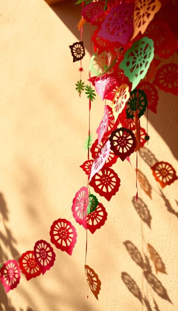 A vibrant and intricate papel picado banner cascading against a warm, sun-dappled backdrop. The delicate paper cutouts in various hues of red, green, and gold dance playfully in a gentle breeze, casting captivating shadows on the textured wall behind. The overall composition evokes a festive, celebratory atmosphere, perfectly suited to adorn a lively holiday gathering. The banner is depicted in a medium shot, allowing the viewer to appreciate the fine details of the intricate paper patterns and the interplay of light and shadow. The lighting is soft and natural, highlighting the vibrant colors and the tactile quality of the paper. The angle is slightly elevated, giving a sense of depth and adding to the overall sense of celebration and joy.