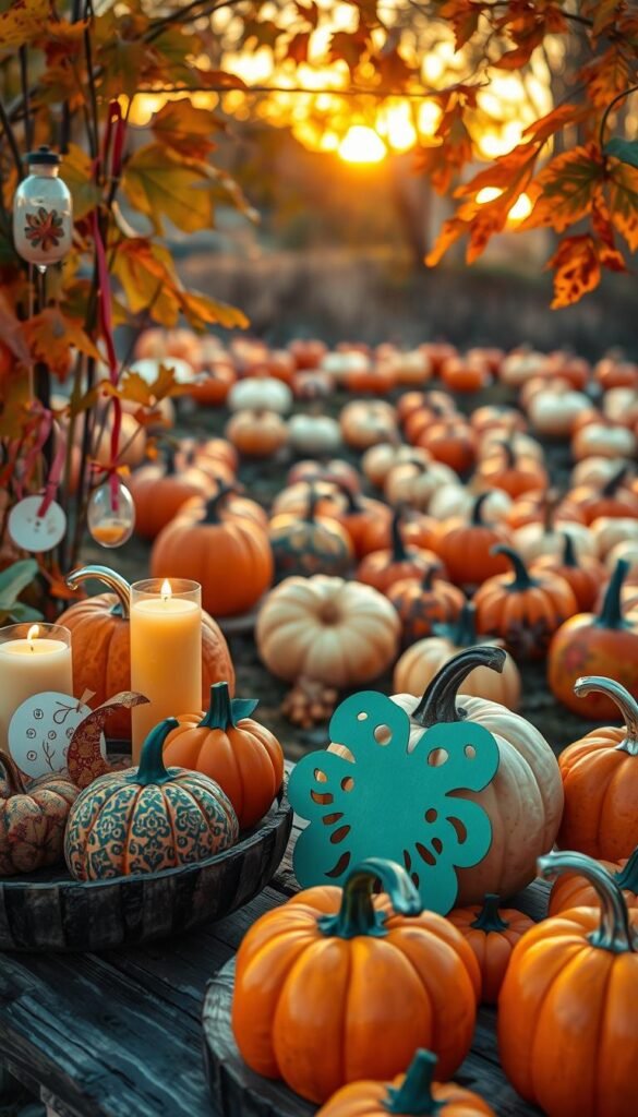 A vibrant autumn scene with an assortment of handcrafted pumpkin decorations and crafts. In the foreground, various pumpkin-themed items are displayed on a rustic wooden table, including painted pumpkins, pumpkin-shaped candles, and intricate paper cutouts. The middle ground features a cozy pumpkin patch with gourds of different sizes and colors, some adorned with patterns and ribbons. In the background, a warm, golden-hued sunset casts a soft, glowing light over the scene, creating a cozy and inviting atmosphere. The lighting is soft and diffused, capturing the autumnal ambiance. The camera angle is slightly elevated, providing a comprehensive view of the pumpkin-inspired crafts and decor.