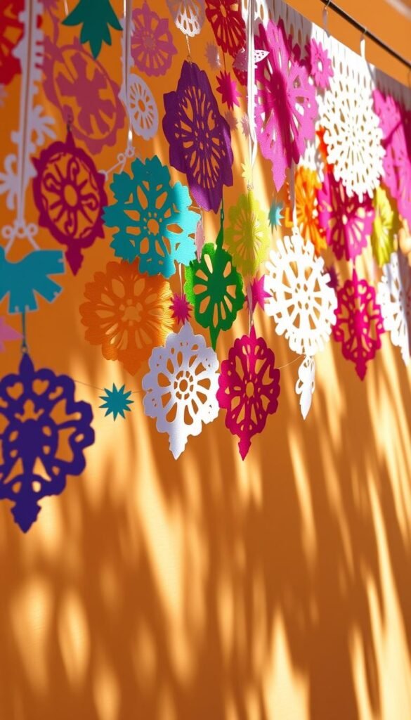 A vibrant, handcrafted papel picado banner, featuring a delicate array of intricate paper cutouts in a range of festive colors. The banner hangs gracefully, suspended against a warm, sun-dappled backdrop, casting playful shadows that dance across the scene. The paper shapes are meticulously detailed, showcasing a variety of traditional Mexican designs and patterns. The lighting is soft and natural, illuminating the banner's textures and highlighting the dimensional quality of the cutouts. The overall composition evokes a sense of celebration and cultural heritage, perfectly suited to adorn a festive holiday gathering.