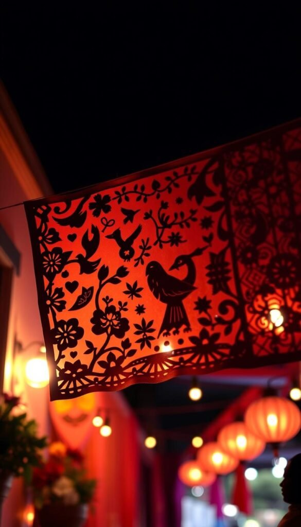 A vibrant papel picado banner flutters in a gentle breeze, its intricate paper cutouts casting dynamic shadows across a festive scene. The delicate silhouettes of birds, flowers, and geometric patterns dance across a backdrop of deep, rich colors, creating an atmosphere of celebration and joy. Warm, diffused lighting softly illuminates the intricate details, showcasing the skilled craftsmanship of the design. The banner is positioned prominently, commanding attention and setting the stage for a lively party or gathering. The overall composition conveys a sense of festivity, tradition, and the welcoming spirit of a celebratory event.