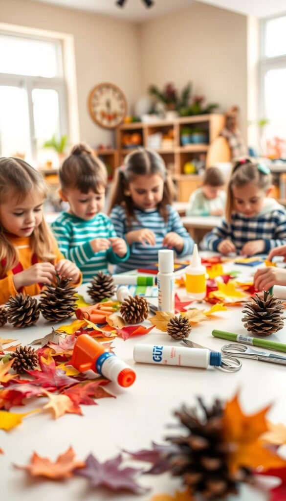A vibrant scene of fall crafts for kids, showcasing a variety of hands-on projects. In the foreground, a table is scattered with colorful leaves, pinecones, glue, and scissors, inviting little hands to create. The middle ground features a group of children, their faces alight with concentration as they work on their crafts, their ages and abilities diverse. In the background, a cozy, well-lit classroom setting with warm, autumnal tones sets the mood, hinting at the welcoming environment that fosters creativity. Soft, natural lighting from large windows casts a gentle glow, highlighting the textures and details of the materials. The overall atmosphere is one of inclusive, joyful learning, where children of all skill levels can engage in the magic of fall-themed arts and crafts.