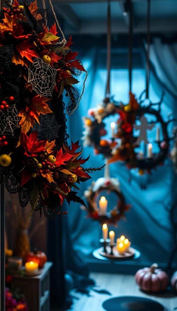 A vibrant, spooky Halloween wreath hangs in the foreground, adorned with intricate black lace, ghostly spider webs, and an array of colorful autumn leaves, berries, and pinecones. In the middle ground, a collection of handcrafted, festive wreaths float in a dimly lit, cozy room, each one showcasing a unique blend of rustic and eerie elements - from carved pumpkins and gourds to flickering candles and gnarled branches. The background is shrouded in a moody, atmospheric lighting, casting long shadows and creating a haunting, otherworldly ambiance, perfect for setting the stage for a captivating Halloween celebration.