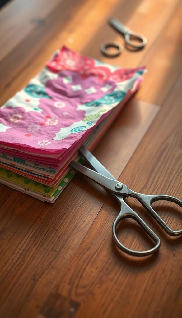 A vibrant still life capturing the essential materials for creating papel picado: a stack of colorful tissue paper, scissors with intricate blades, a wooden table bathed in warm, natural lighting. The tissue paper sheets are fanned out, revealing their intricate patterns and textures, ready to be cut into delicate designs. The scissors, positioned prominently, suggest the skilled craftsmanship required to transform the paper into intricate banners. The composition exudes a sense of anticipation and creativity, inviting the viewer to imagine the festive decorations that will soon emerge from these humble materials.