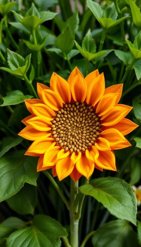 A vibrant sunflower craft with soft, velvety petals in warm shades of yellow and orange, set against a backdrop of lush greenery. The sunflower's center is a captivating spiral of intricate, textured seeds, inviting curious fingers to explore. Soft, diffused lighting casts gentle shadows, highlighting the craft's dimensional details and creating a sense of depth. The composition is balanced, with the sunflower taking center stage, framed by a playful arrangement of leaves and stems. The overall mood is one of warmth, creativity, and a joyful celebration of the natural world, perfect for inspiring young artists.