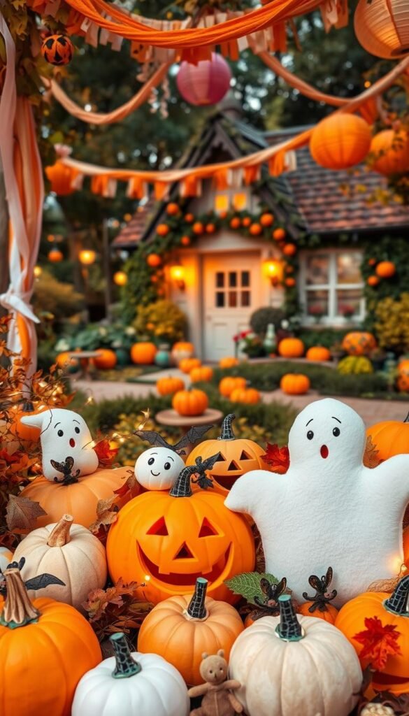 A warm and cozy autumn scene of whimsical Halloween decorations that would delight young children. In the foreground, a display of plush pumpkins, ghosts, and bats in soft pastel shades, accented with twinkling fairy lights. The middle ground features a group of friendly jack-o'-lanterns with charming carved faces, some nestled among autumnal leaves and vines. In the background, a picturesque cottage surrounded by a lush garden, its exterior adorned with garlands of colorful paper streamers and tissue paper lanterns. The lighting is soft and inviting, creating a welcoming atmosphere perfect for a family-friendly Halloween celebration.