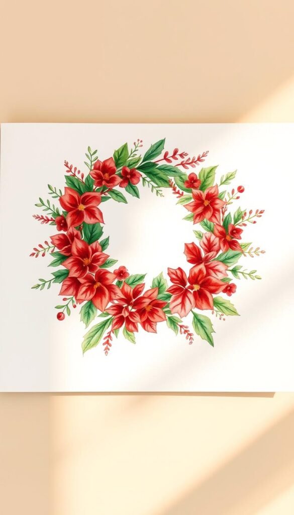 A watercolor wreath of vibrant red and green foliage, adorned with delicate Christmas ornaments and accents. The wreath is rendered in a soft, dreamy style, with gentle brushstrokes and a watercolor wash effect. The wreath is set against a subtly textured, off-white background, evoking the look and feel of a handcrafted Christmas card. Warm, natural lighting casts a soft glow, enhancing the organic, handmade aesthetic. The composition is balanced and visually appealing, with the wreath occupying the central focus. The overall mood is cozy, festive, and inviting, capturing the spirit of a handmade Christmas card.