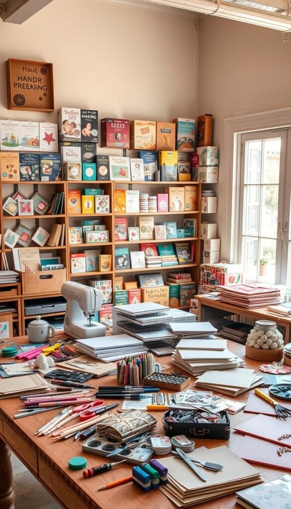 A well-lit, cozy workshop showcasing an assortment of meticulously organized craft supply kits. The foreground features a wooden workbench with neatly arranged sewing, scrapbooking, and card-making essentials - an array of colorful papers, scissors, glue, and embellishments. In the middle ground, shelves display an enticing variety of DIY kits, from intricate pop-up card making to festive origami. The background reveals a warm, inviting atmosphere with natural light filtering through large windows, casting a soft glow over the scene. The overall mood is one of inspiration and productivity, perfectly capturing the essence of a tools and supplies shop catered to the needs of passionate DIY enthusiasts.