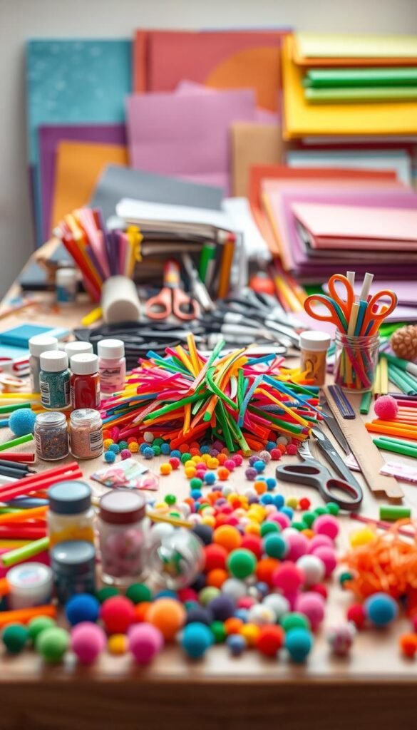A well-lit tabletop with an assortment of crafting materials arranged in an organized manner. In the foreground, vibrant paints, glitters, pipe cleaners, and pom-poms in a variety of colors. In the middle ground, scissors, rulers, markers, and other essential tools. In the background, a collection of colorful construction paper, cardboard, and fabric swatches. The lighting is soft and natural, creating a warm, inviting atmosphere that encourages creativity and safety. The composition is balanced, drawing the eye to the central cluster of materials, while allowing the viewer to appreciate the entire setup.
