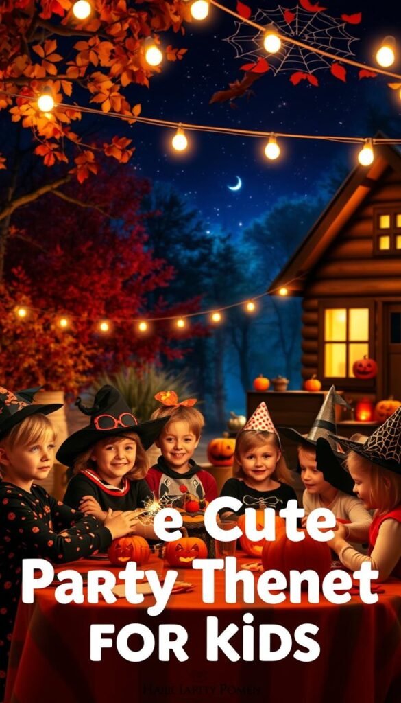 A whimsical Halloween-themed children's party, with a cozy, inviting atmosphere. In the foreground, a group of costumed kids, their faces alight with excitement, gathered around a festive table adorned with spooky-yet-charming decorations - jack-o'-lanterns, bats, and spider webs. In the middle ground, a vibrant backdrop of autumn foliage and a starry night sky, cast in a warm, golden glow from string lights. In the background, a cozy, rustic cabin, its windows glowing with the promise of more Halloween delights within. The overall scene exudes a sense of joy, wonder, and the magic of the season, perfectly capturing the essence of a "Cute Halloween Party Themes for Kids".
