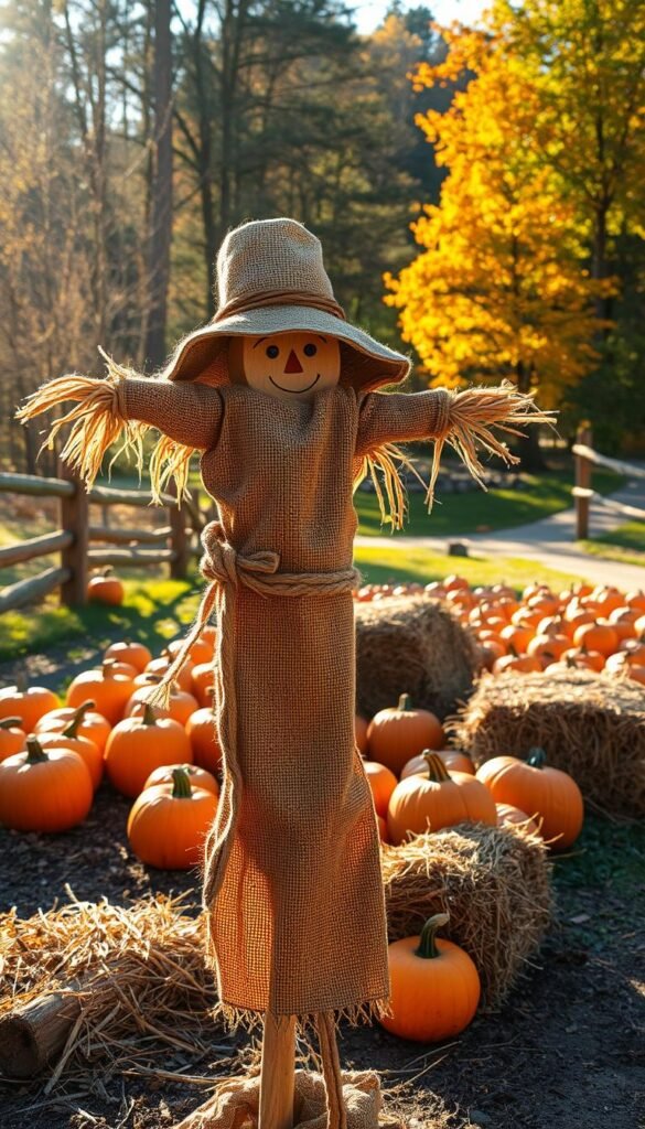 A whimsical, handcrafted scarecrow set against a rustic, autumnal backdrop. In the foreground, a friendly, stitched-together figure stands tall, adorned with a floppy hat, burlap clothes, and a carved wooden face. Sunlight filters through the scene, casting warm, golden hues and gentle shadows. In the middle ground, a field of vibrant, orange pumpkins and hay bales create a cozy, harvest-time atmosphere. The background features a wooden fence, a winding path, and a lush, deciduous forest, hinting at the changing of the seasons. The overall mood is one of charming, DIY creativity and the joyful spirit of autumn.