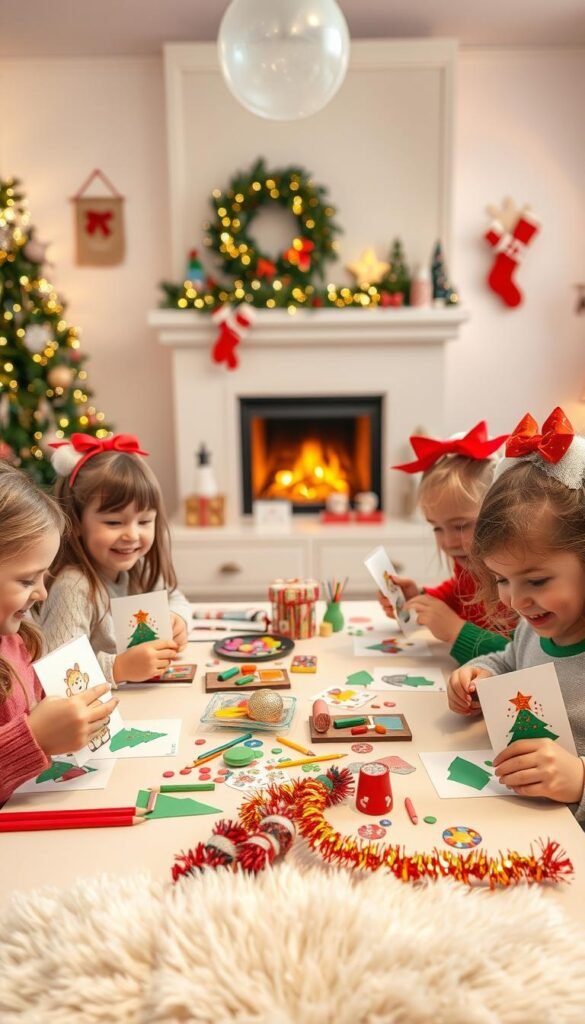 A whimsical, kid-friendly Christmas card scene with a warm, cozy atmosphere. In the foreground, a group of cheerful children crafting handmade cards using vibrant art supplies like colored pencils, glitter, and construction paper. Their creations feature playful holiday motifs such as Christmas trees, snowmen, and reindeer. In the middle ground, a neatly organized table with festive decorations like tinsel, bows, and holiday-themed stickers. The background depicts a cozy living room setting with a fireplace, twinkling lights, and a fluffy plush rug. The lighting is soft and inviting, creating a charming, family-friendly ambiance perfect for a DIY Christmas card making activity.