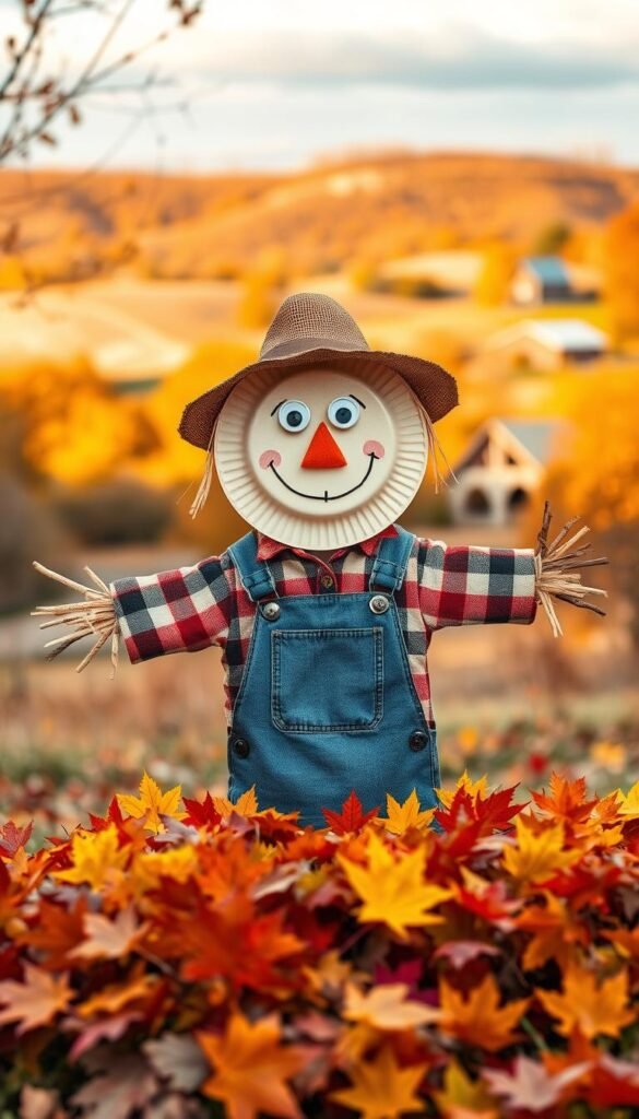 A whimsical paper plate scarecrow craft set against a vibrant autumn backdrop. In the foreground, a charming scarecrow figure crafted from a paper plate, adorned with a burlap hat, button eyes, and a goofy grin. Its arms, made from sticks or twigs, extend outwards in a friendly gesture. The scarecrow's body is dressed in a cozy plaid shirt and denim overalls. In the middle ground, a scatter of colorful fallen leaves in shades of orange, red, and yellow, creating a festive, nature-inspired scene. The background features a serene rural landscape, with rolling hills, a distant barn, and a warm, golden late afternoon light bathing the entire composition. An inviting, cozy, and kid-friendly autumn craft scene, perfect for illustrating a preschool fall activity.