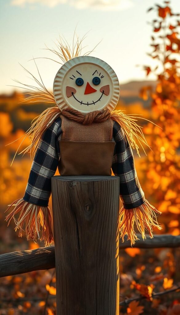 A whimsical paper plate scarecrow, perched atop a rustic wooden post, gazes out over a vibrant autumn landscape. The scarecrow's face is crafted from a simple paper plate, adorned with a charming expression, button eyes, and a crooked grin. Its body is dressed in a patchwork of burlap, flannel, and twine, creating a cozy, homespun appearance. Wispy straw emerges from the scarecrow's sleeves and collar, adding a touch of playfulness. The scene is bathed in warm, golden light, evoking the cozy ambiance of a fall afternoon. Detailed textures and natural elements, such as fallen leaves and a wooden fence, create a tactile, engaging composition that captures the spirit of a handmade autumnal craft.