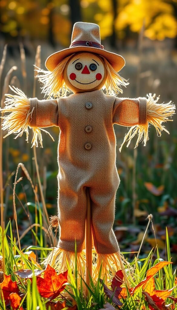 A whimsical scarecrow craft, standing tall in a sun-dappled autumn field. Its burlap body and straw-filled limbs are carefully assembled, with a charming carved wooden face and button eyes that seem to come alive. Wisps of straw peek out from the seams, adding a rustic, handcrafted touch. The scarecrow's arms are outstretched, as if joyfully greeting young learners who approach. Surrounding the scarecrow are colorful fallen leaves, gently swirling in the light breeze. A warm, golden-hour glow bathes the scene, creating a cozy, inviting atmosphere perfect for engaging children in hands-on fall activities.