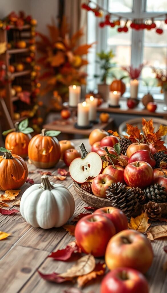Autumn apple crafts, a vibrant display of seasonal joy. In the foreground, an assortment of hand-crafted apple-inspired decorations - carved pumpkins adorned with apple slices, apple-shaped candle holders, and whimsical apple garlands. The middle ground showcases a rustic wooden table, its surface adorned with an array of autumn leaves, pinecones, and freshly harvested apples in vibrant reds and golds. In the background, a cozy, well-lit studio setting, with warm lighting filtering through the window, casting a soft, inviting glow over the scene. The overall atmosphere exudes a sense of autumnal celebration, creativity, and the essence of the harvest season.