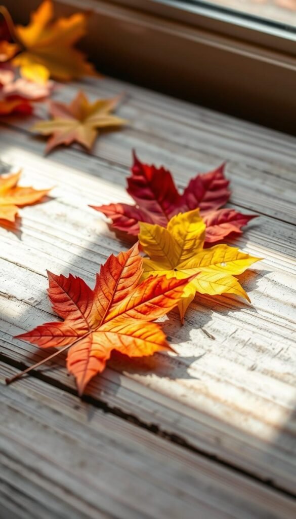 Colorful autumn leaves gently placed on a textured wooden surface, illuminated by soft, natural lighting from an overhead window. The leaf rubbings showcase the intricate veins and patterns of the foliage, capturing the essence of fall's vibrant palette. The composition is arranged in a visually pleasing layout, with the leaves slightly overlapping and positioned to highlight their unique shapes and hues. The overall scene evokes a sense of tactile exploration and natural wonder, perfect for an educational craft project aimed at preschoolers.