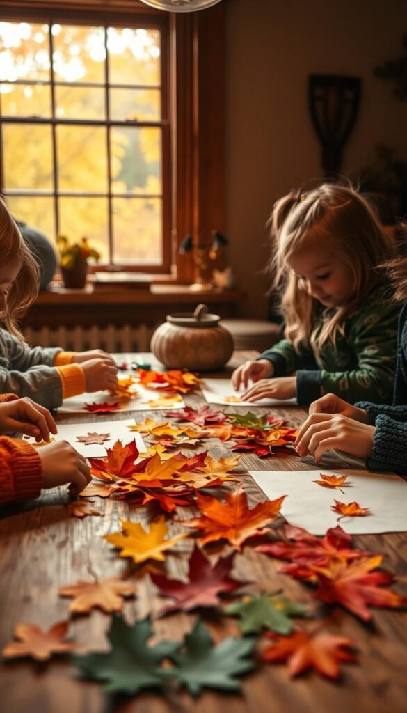 Cozy fall crafts scene with children's hands working on colorful paper and leaf projects, displayed on a rustic wooden table. Warm lighting from above, soft focus on the details. In the background, a window showcases an autumn landscape with vibrant foliage. An atmosphere of creativity, nostalgia, and tactile exploration as the kids joyfully engage with seasonal materials.