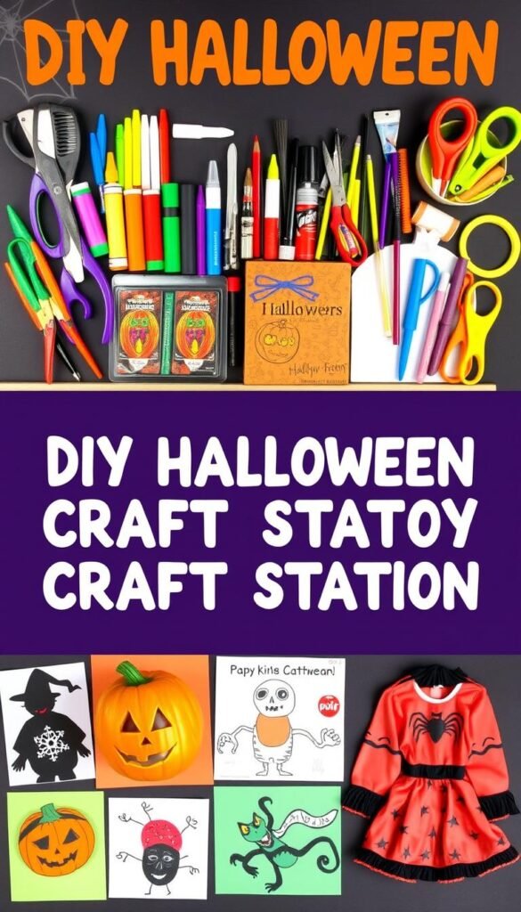 Create an image of a DIY Halloween craft station with various craft supplies and finished projects.