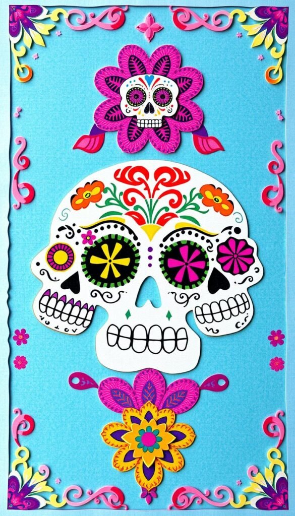 Create an image of a Día de los Muertos papel picado banner with sugar skull designs