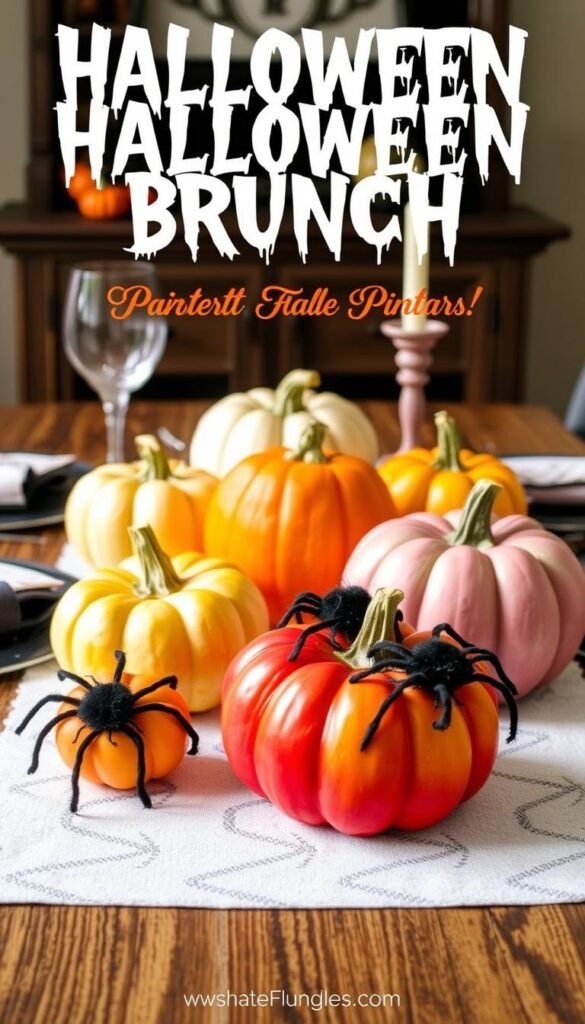 Create an image of a Halloween brunch table with fuzzy spiders and ombre-painted pumpkins