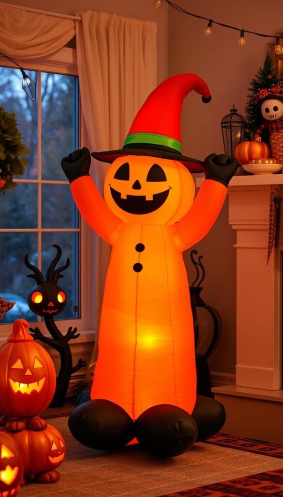Create an image of a Halloween inflatable inside a home.