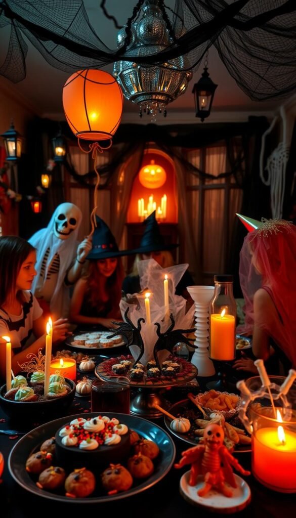Create an image of a Halloween party with spooky decorations and food.
