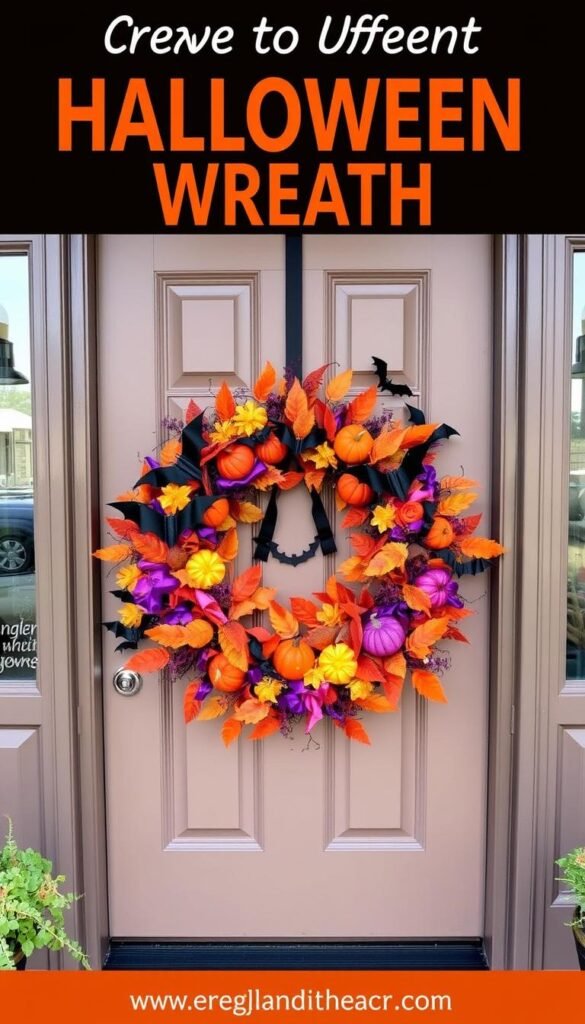 Create an image of a Halloween-themed wreath on a front door