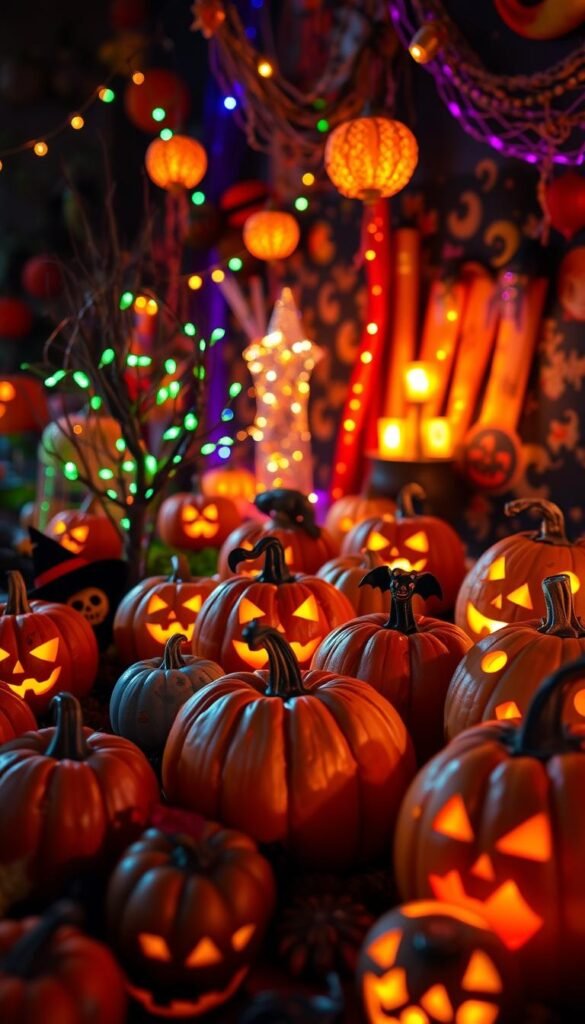 Create an image of a beautifully decorated pumpkin-themed Halloween party