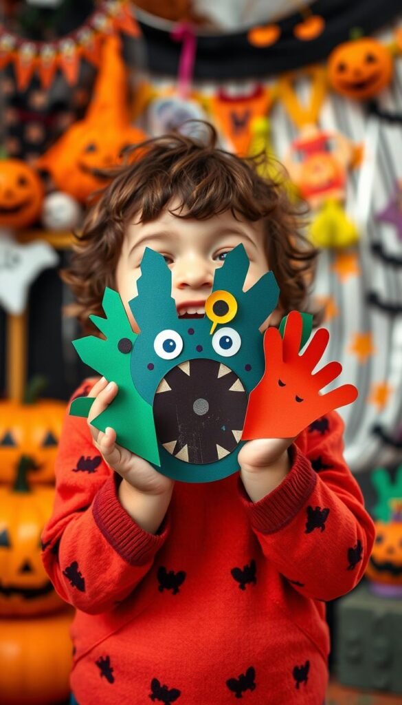 Create an image of a child wearing a Halloween paper ring with a monster design.