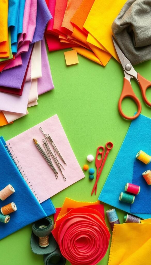 Create an image of a craft table with various felt crafting supplies, including different types of felt, scissors, needles, and threads.