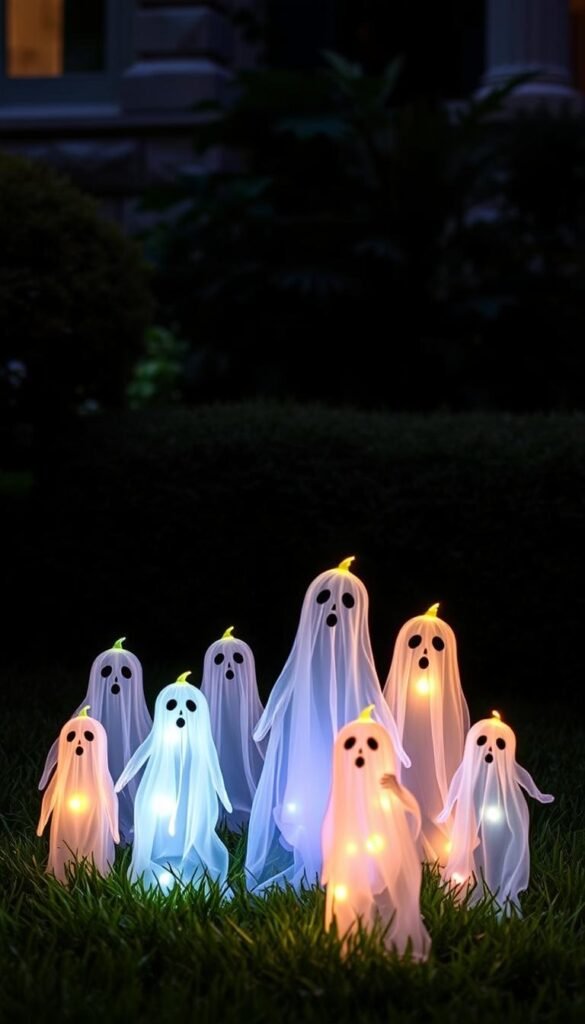 Create an image of a group of tomato cage ghosts standing on a lawn with a glowing effect.