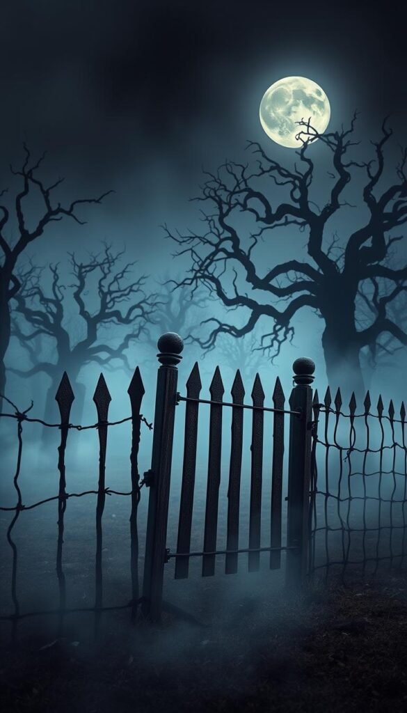 Create an image of a haunted graveyard with a DIY cemetery fence