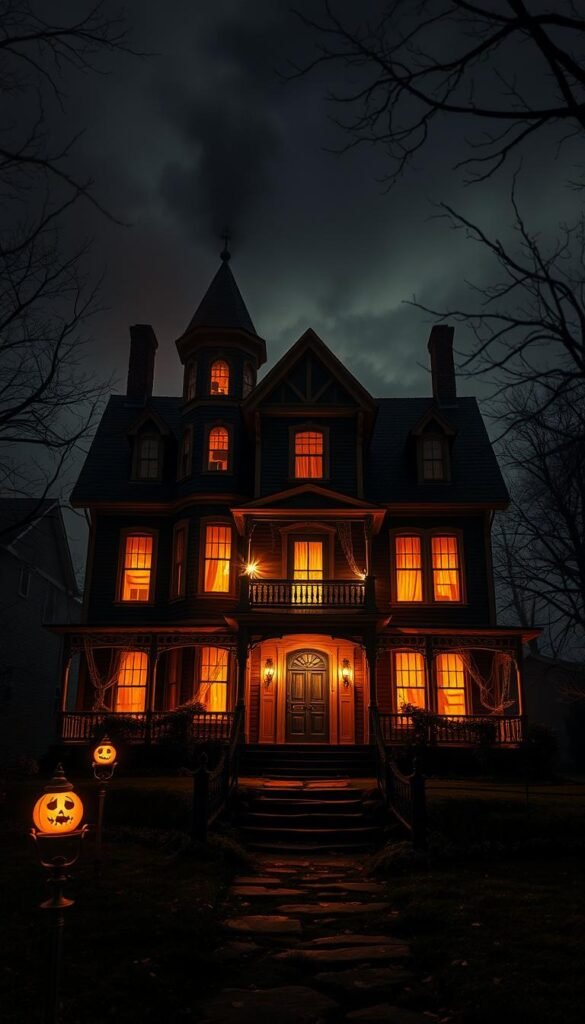 Create an image of a haunted house with eerie lighting