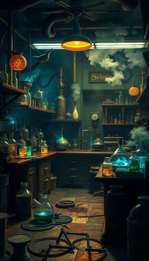Create an image of a mad scientist laboratory with eerie lighting, bubbling beakers, and strange equipment.