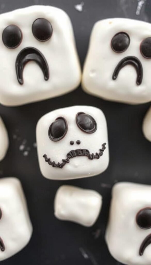 Create an image of a marshmallow with a creepy face made from white chocolate and edible markers.