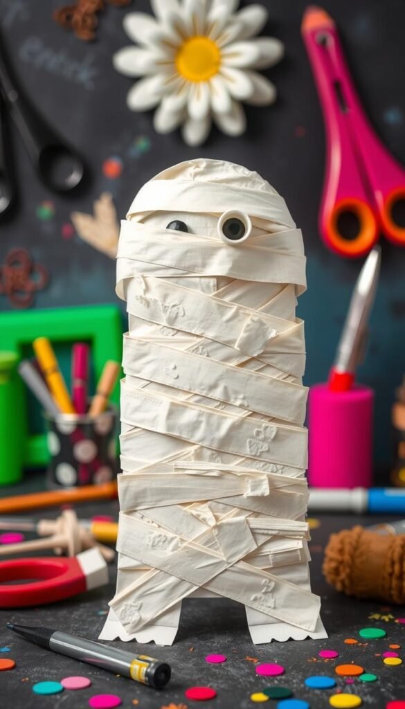 Create an image of a masking tape mummy craft