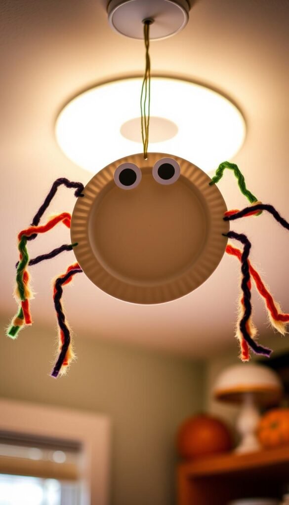 Create an image of a paper plate spider with googly eyes and yarn legs hanging from a ceiling.