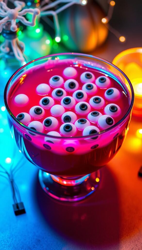 Create an image of a punch bowl with floating plastic eyeballs.
