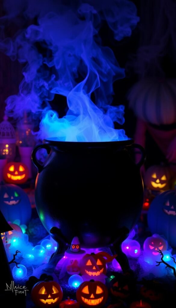 Create an image of a smoking cauldron with fog effect and colored lights, surrounded by Halloween decorations.