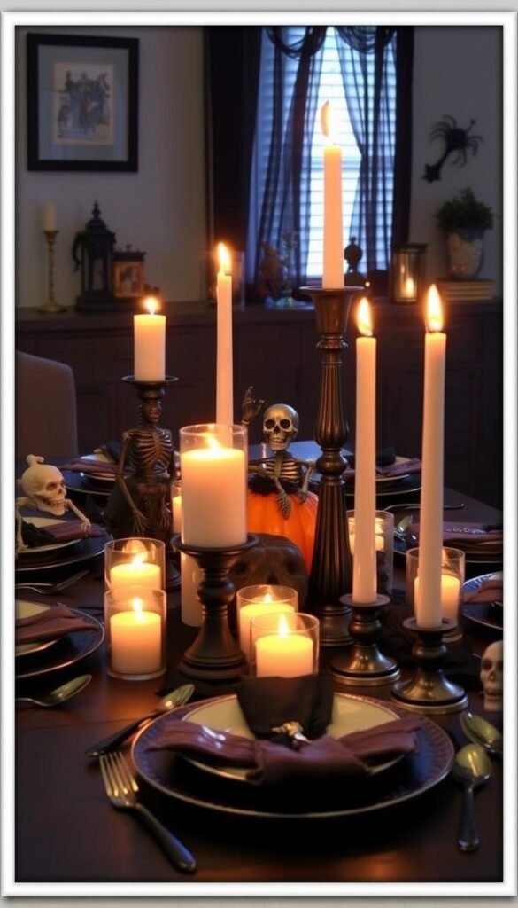 Create an image of a spooky Halloween table setting with candles, skeletons, and creepy decorations.