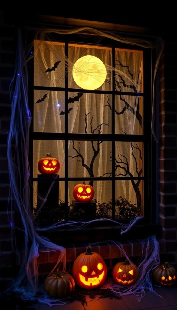 Create an image of a spooky Halloween window display with DIY decorations.