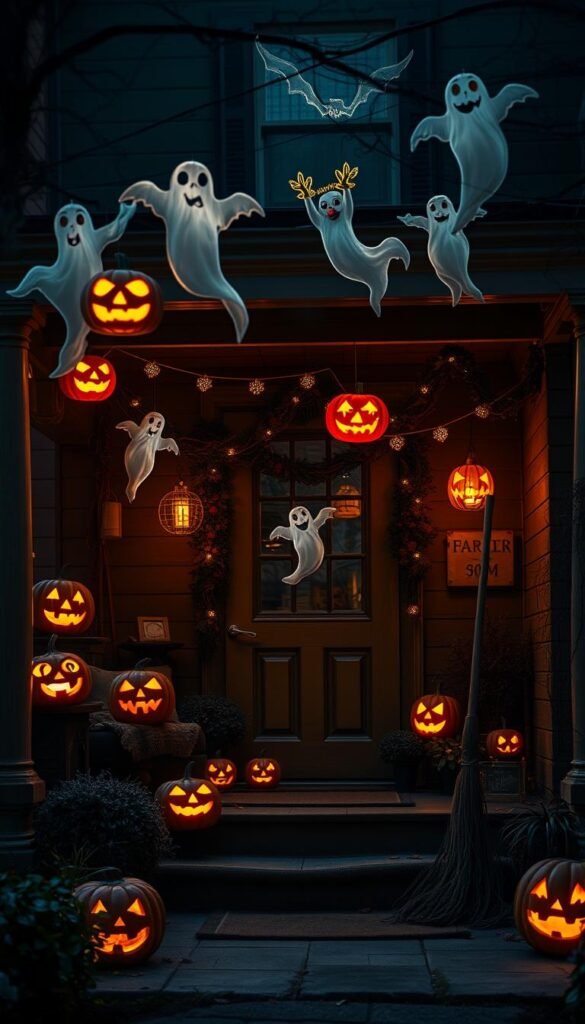 Create an image of a spooky front porch with jack-o'-lanterns, hanging ghost decorations, and a witch's broom display.